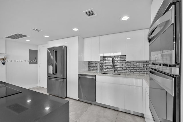 kitchen featuring appliances with stainless steel finishes, sink, white cabinets, backsplash, and electric panel