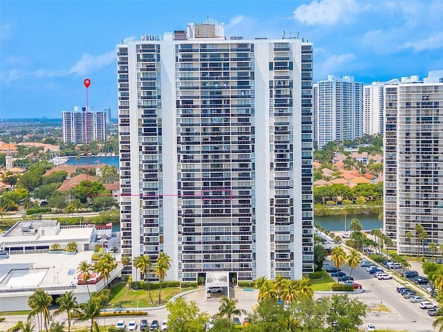 view of building exterior featuring a water view