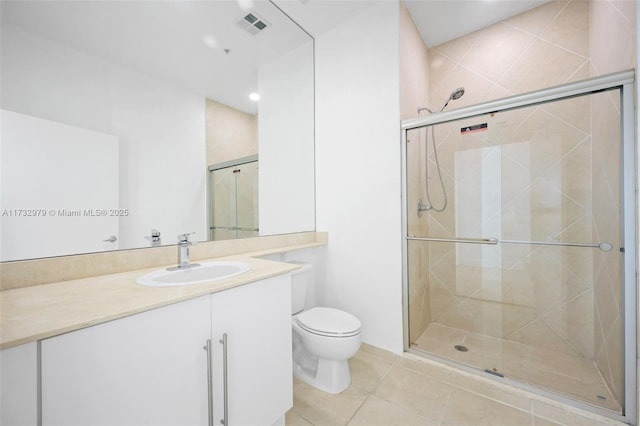 bathroom featuring a shower stall, tile patterned floors, visible vents, toilet, and vanity