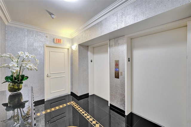 corridor with elevator and crown molding