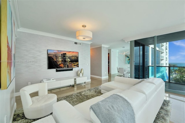 living room with expansive windows and ornamental molding