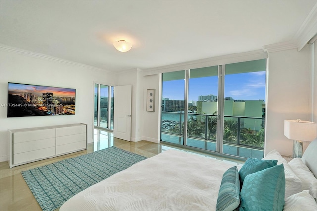 bedroom featuring a wall of windows, multiple windows, access to exterior, and ornamental molding