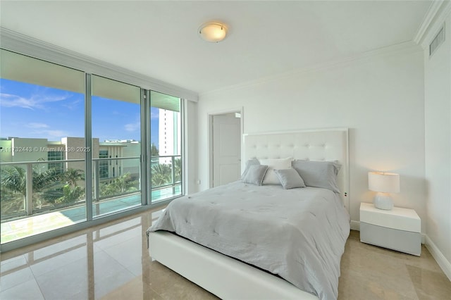 bedroom featuring floor to ceiling windows, light tile patterned floors, and ornamental molding