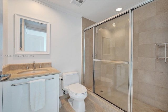 bathroom with tile patterned flooring, an enclosed shower, vanity, ornamental molding, and toilet