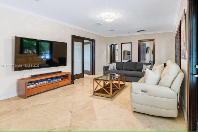 living room with crown molding