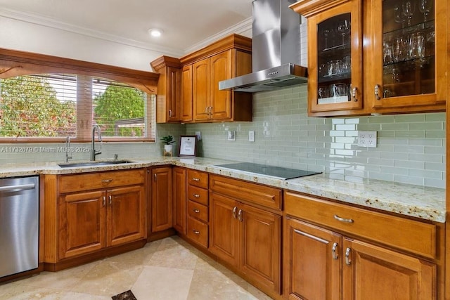 kitchen with wall chimney exhaust hood, sink, black electric cooktop, dishwasher, and light stone countertops