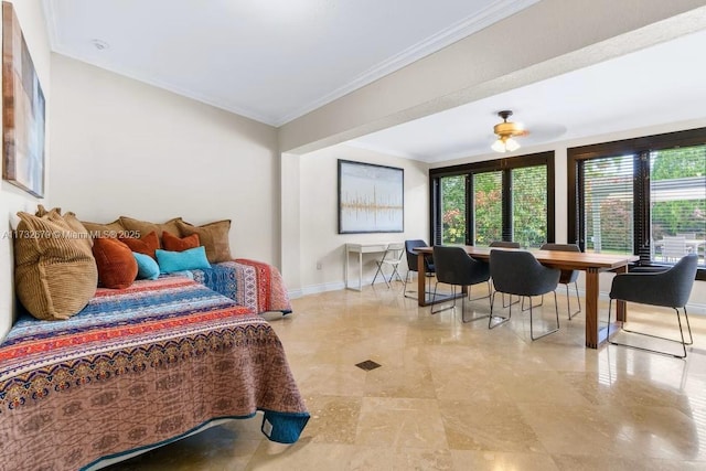 bedroom with crown molding and ceiling fan