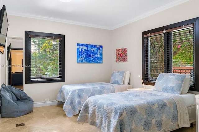 bedroom featuring multiple windows and crown molding