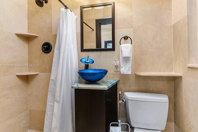 bathroom featuring vanity, a shower with curtain, and toilet