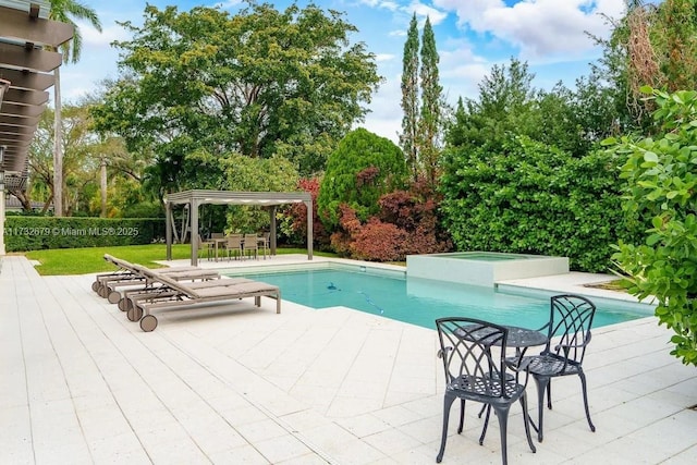 view of pool featuring a gazebo, a hot tub, and a patio