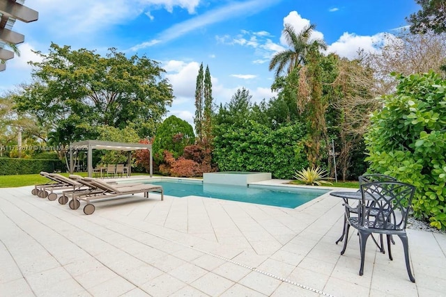 view of pool featuring a pergola, a jacuzzi, and a patio