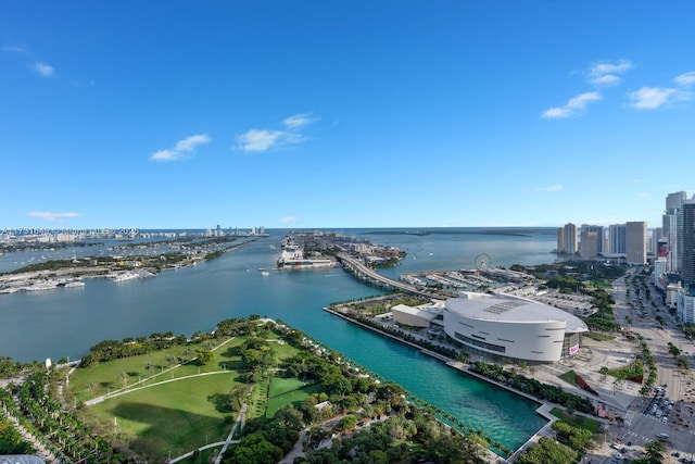 aerial view featuring a water view