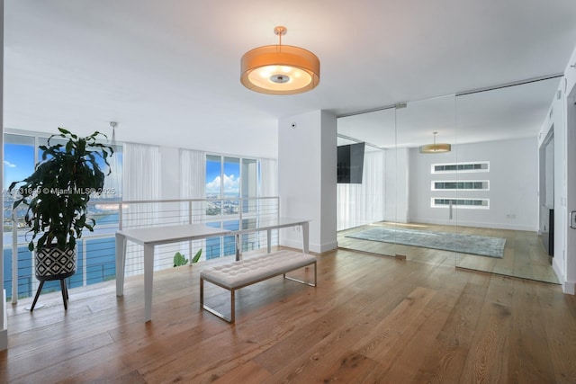 interior space featuring hardwood / wood-style flooring and a wall of windows