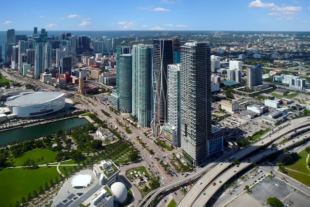 aerial view featuring a water view