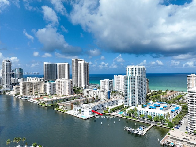 drone / aerial view featuring a water view and a city view