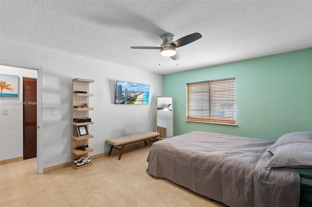 bedroom with a textured ceiling and ceiling fan