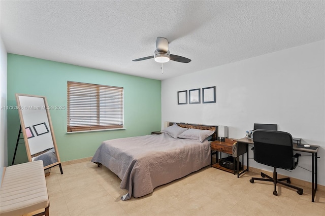 bedroom featuring a textured ceiling and ceiling fan