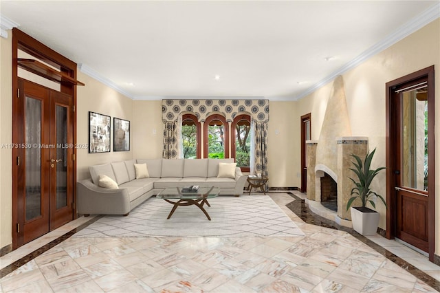 living area featuring crown molding, french doors, a fireplace, and baseboards