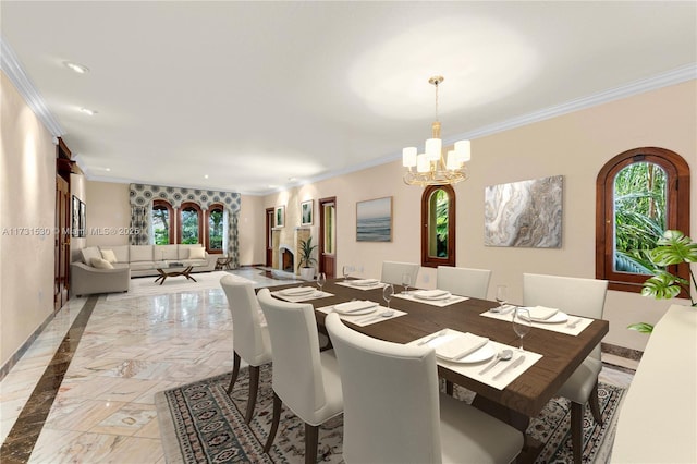 dining room featuring ornamental molding, marble finish floor, a notable chandelier, and baseboards