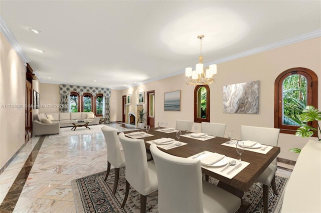 225 Alesio Ave, Coral Gables, FL 33134 - dining area featuring an inviting chandelier, marble finish floor, and crown molding