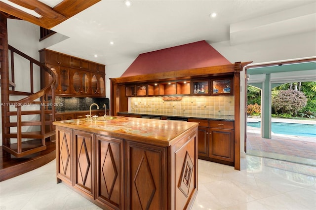 bar with recessed lighting, a sink, stairs, wet bar, and tasteful backsplash