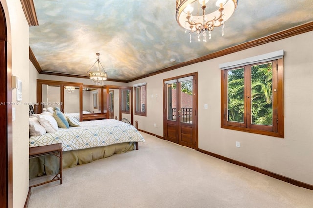 225 Alesio Ave, Coral Gables, FL 33134 - bedroom featuring french doors, access to outside, baseboards, carpet, and an inviting chandelier