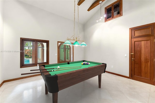 playroom with high vaulted ceiling, light tile patterned flooring, billiards, and baseboards