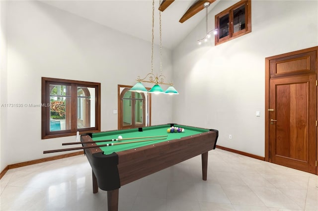 225 Alesio Ave, Coral Gables, FL 33134 - game room featuring light tile patterned floors, billiards, high vaulted ceiling, and baseboards
