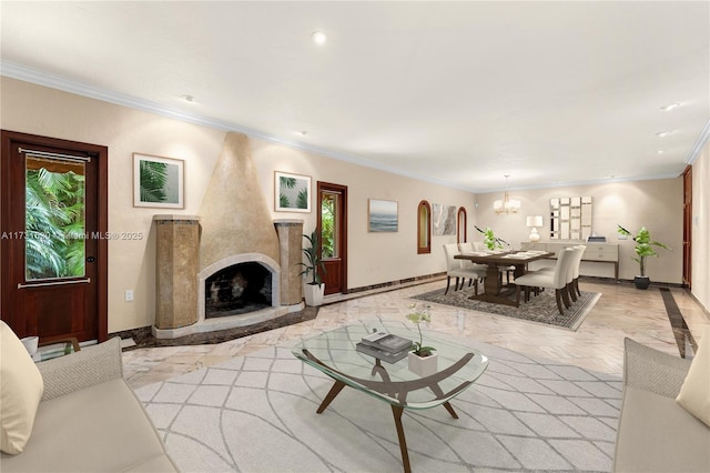 living area with baseboards, ornamental molding, and a high end fireplace