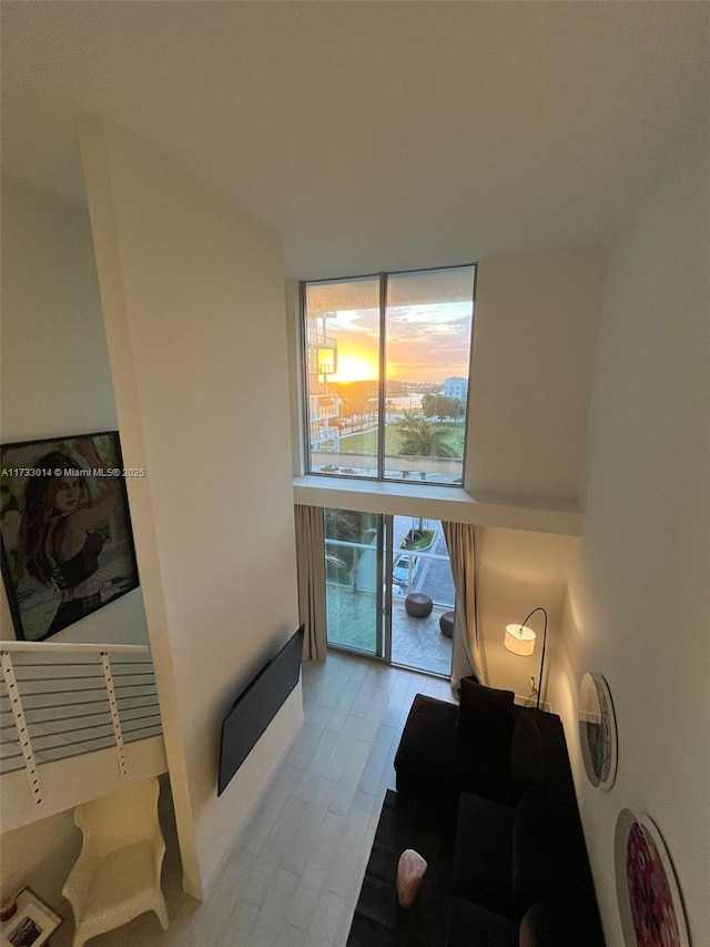 living room with expansive windows, a healthy amount of sunlight, and light wood-type flooring