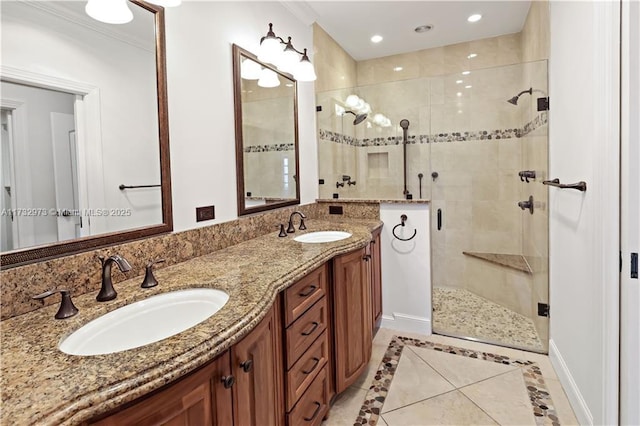 full bathroom with recessed lighting, a sink, a shower stall, and double vanity