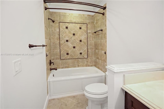 bathroom featuring shower / tub combination, vanity, toilet, and tile patterned floors