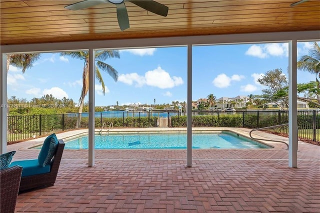 view of pool with a patio area, a fenced backyard, ceiling fan, and a fenced in pool