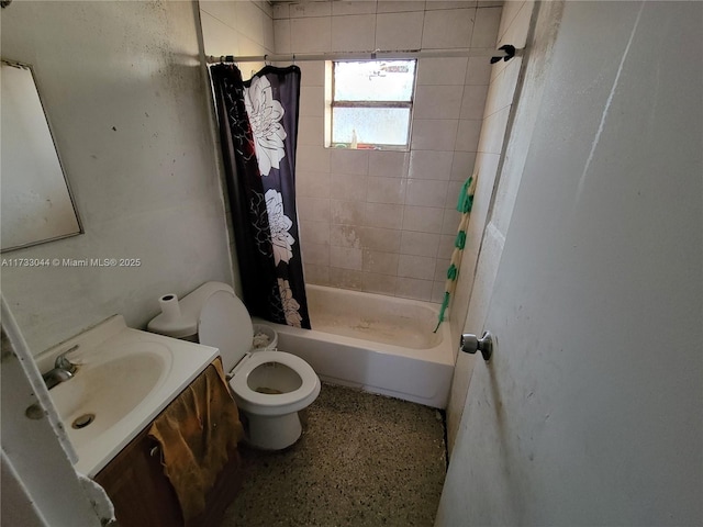 full bathroom with vanity, shower / bath combination with curtain, and toilet