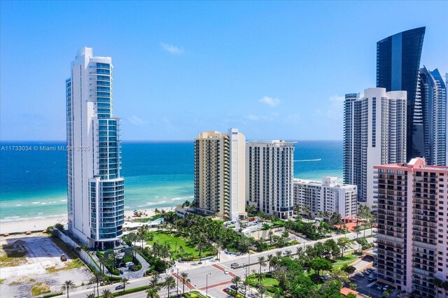 drone / aerial view featuring a water view and a view of the beach