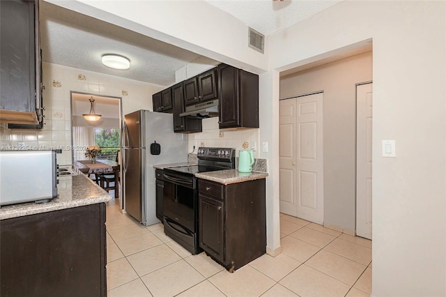 kitchen with pendant lighting, dark brown cabinetry, black range with electric cooktop, and a textured ceiling