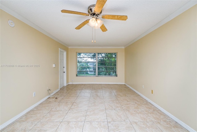 tiled spare room featuring ceiling fan, crown molding, and a textured ceiling