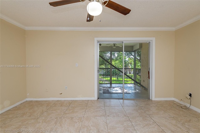 unfurnished room with light tile patterned floors, ornamental molding, and a textured ceiling