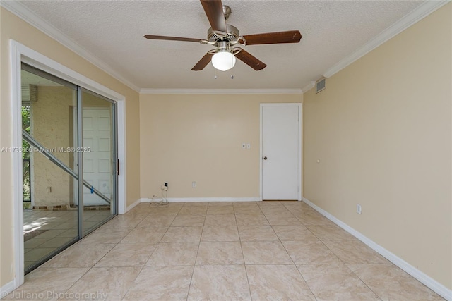 tiled spare room with ceiling fan, crown molding, and a textured ceiling