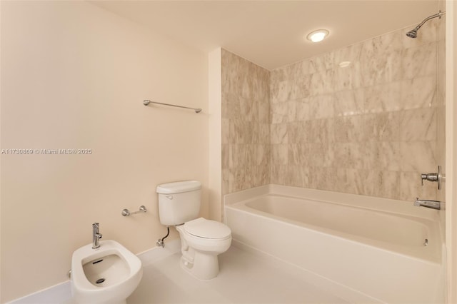 bathroom with toilet,  shower combination, a bidet, and baseboards