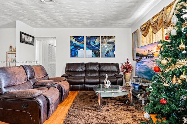 living room with hardwood / wood-style flooring and a textured ceiling