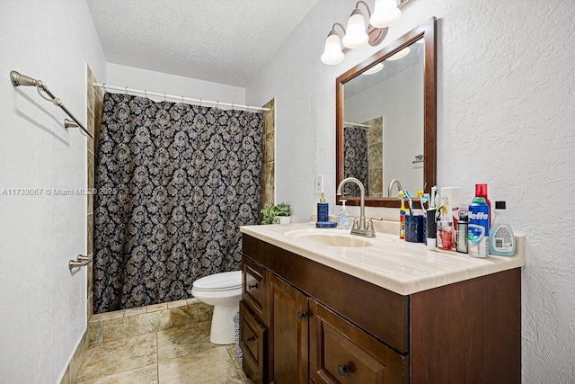 bathroom featuring vanity, walk in shower, a textured ceiling, and toilet