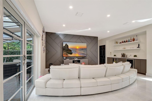 living room with light tile patterned flooring