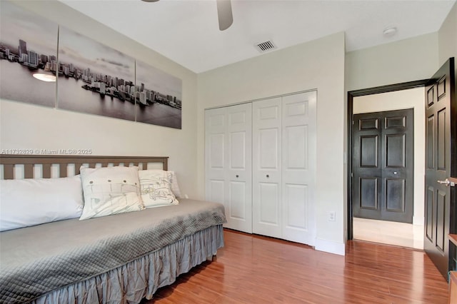 bedroom featuring hardwood / wood-style floors, french doors, ceiling fan, and access to exterior