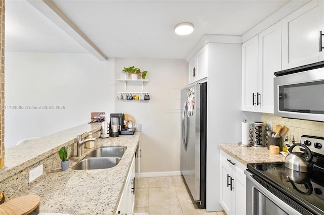 kitchen with backsplash, white cabinetry, light stone countertops, stainless steel appliances, and a sink