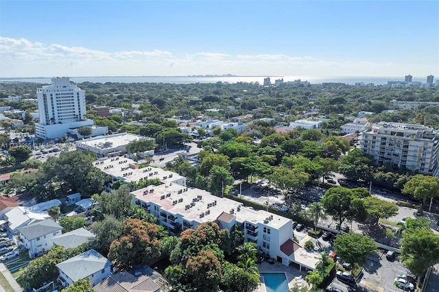 aerial view featuring a water view and a city view