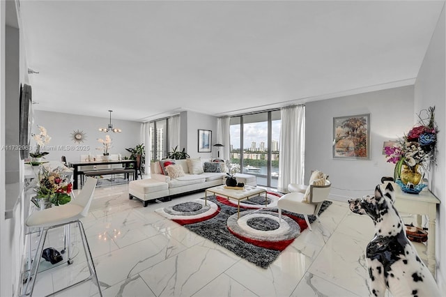 living room featuring expansive windows and a notable chandelier