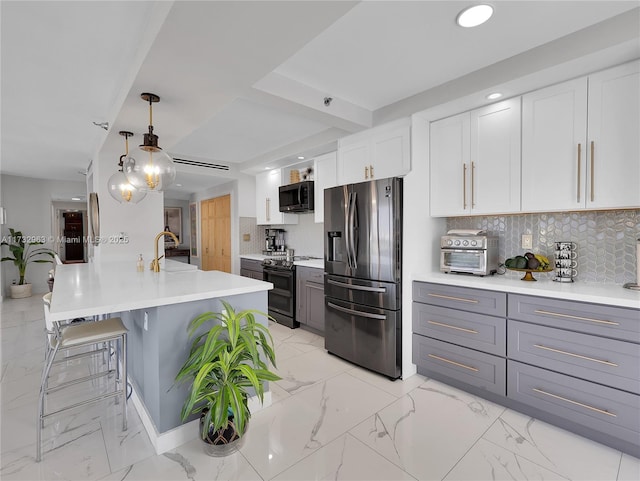 kitchen featuring white cabinetry, stainless steel refrigerator with ice dispenser, tasteful backsplash, range with electric stovetop, and decorative light fixtures