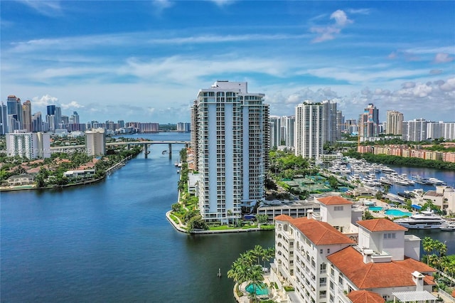 bird's eye view with a water view