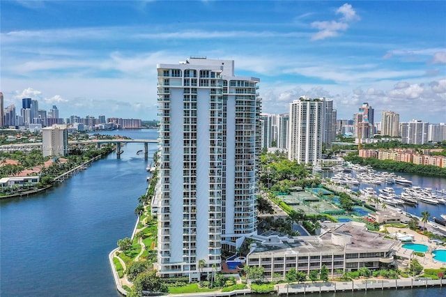 bird's eye view with a water view